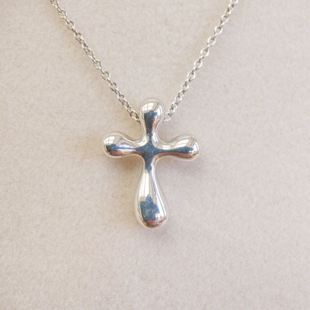 Tiffany & Co. Elsa Peretti Sterling Silver Puffy Cross Necklace + Pouch/Cloth - Picture 2 of 9